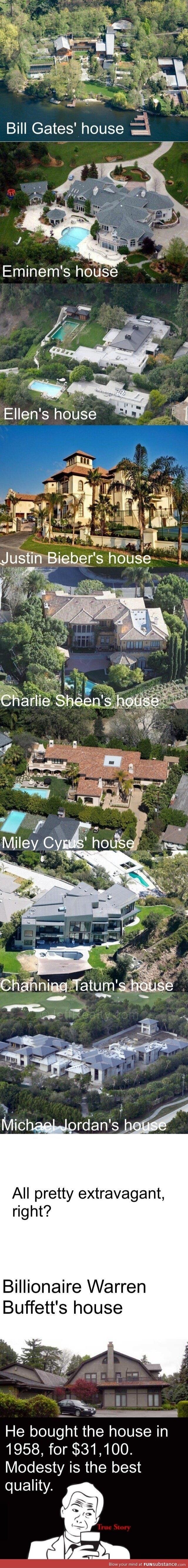 Bill Gates' house
Eminem's house
Ellen's house
Justin Bieber's house
Charlie Sheen's house
Miley Cyrus' house
Channing Tatum's house
Michael Jordan's house
All pretty extravagant, right?
Billionaire Warren Buffett's house
He bought the house in 1958, for $31,100.
Modesty is the best quality.