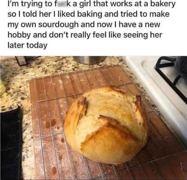 Im trying to fuk a girl that works at a bakery so told her liked baking and tried to make my own sourdough and now have a new hobby and dont really feel like seeing her later today