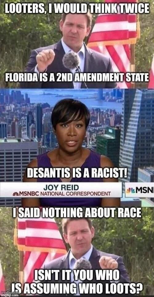 Looters, I would think twice. Florida is a 2nd Amendment state. DeSantis is a racist! Joy Reid, MSNBC National Correspondent. I said nothing about race. Isn't it you who is assuming who loots?