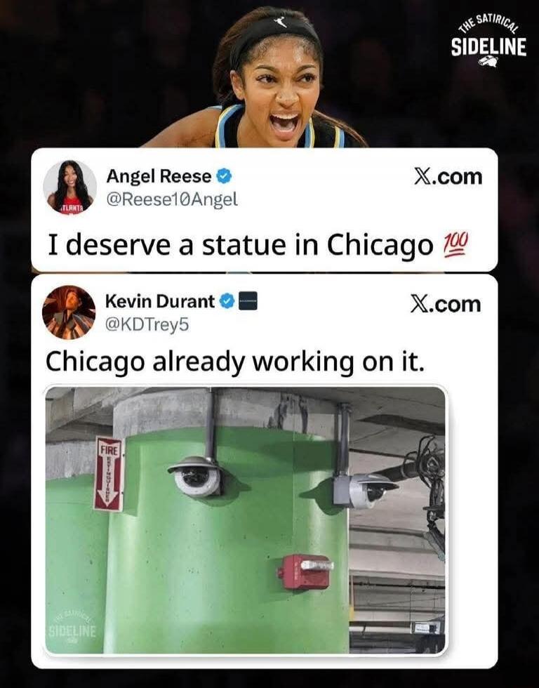 Angel Reese posted on X.com: 'I deserve a statue in Chicago 💯'. Kevin Durant replied: 'Chicago already working on it.' The image below shows a green pillar with two security cameras and a fire alarm pull station, resembling a face, implying it's the 'statue' for Angel Reese. There's also a 'FIRE' sign.