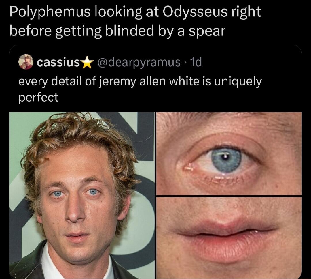 Polyphemus looking at Odysseus right before getting blinded by a spear
cassius⭐ @dearpyramus · 1d
every detail of jeremy allen white is uniquely perfect