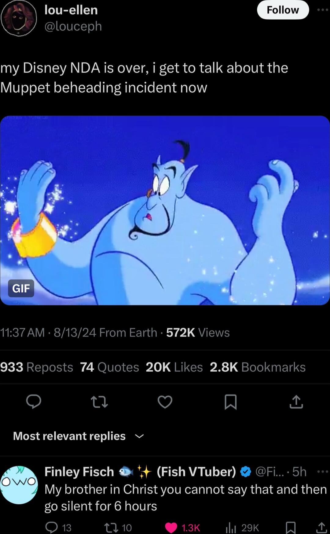 O lou ellen W ouceph my Disney NDA is over i get to talk about the Muppet beheading incident now 1137 AM 81324 From Earth 572K Views 933 Reposts 74 Quotes 20K Likes 28K Bookmarks o n V R Most relevant replies My brother in Christ you cannot say that and then gosilent for 6 hours o 110 13k Finley Fisch 4 Fish VTuber Fi 5h