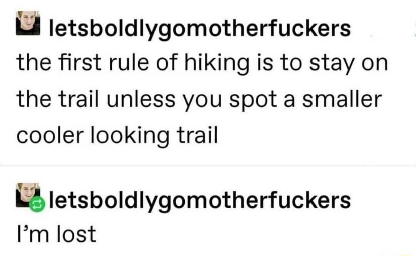 letsboldlygomotherfuckers the first rule of hiking is to stay on the trail unless you spot a smaller cooler looking trail L2 letsboldlygomotherfuckers Im lost