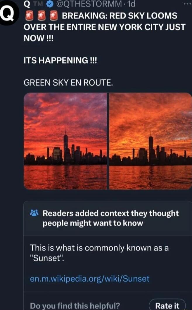 Q QTHESTORMM 1d Q BREAKING RED SKY LOOMS OVER THE ENTIRE NEW YORK CITY JUST Now I ITS HAPPENING GREEN SKY EN ROUTE 74 Readers added context they thought people might want to know This is what is commonly known as a Sunset enmwikipediaorgwikiSunset Do you find this helpful Rate it