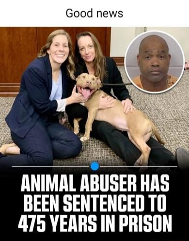 Good news
ANIMAL ABUSER HAS BEEN SENTENCED TO 475 YEARS IN PRISON