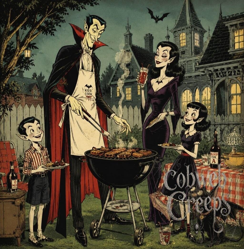 A vampire family is having a backyard barbecue. The father, dressed in a cape, is grilling meat while wearing an apron that says 'KISS THE COOK' with a bat symbol and bloodstains. The mother holds a drink, and two children hold plates. On the picnic table, there's a bottle labeled 'BLOOD TYPE A' and another bottle labeled 'NEG'. A bat flies in the 