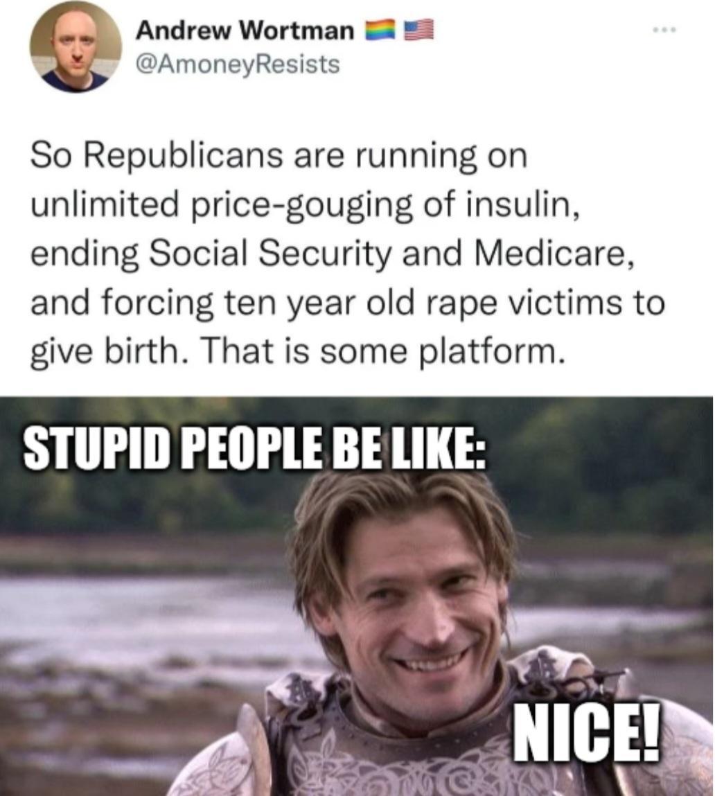 s Andrew Wortman 4 B AmoneyResists So Republicans are running on unlimited price gouging of insulin ending Social Security and Medicare and forcing ten year old rape victims to give birth That is some platform STUPID PEOPLE BE LIKE