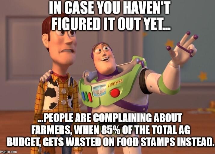 IN CASE YOU HAVEN'T FIGURED IT OUT YET... PEOPLE ARE COMPLAINING ABOUT FARMERS, WHEN 85% OF THE TOTAL AG BUDGET, GETS WASTED ON FOOD STAMPS INSTEAD.