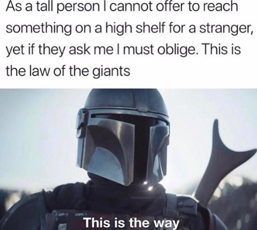 As a tall person cannot offer to reach something on a high shelf for a stranger yet if they ask me must oblige This is the law of the giants
