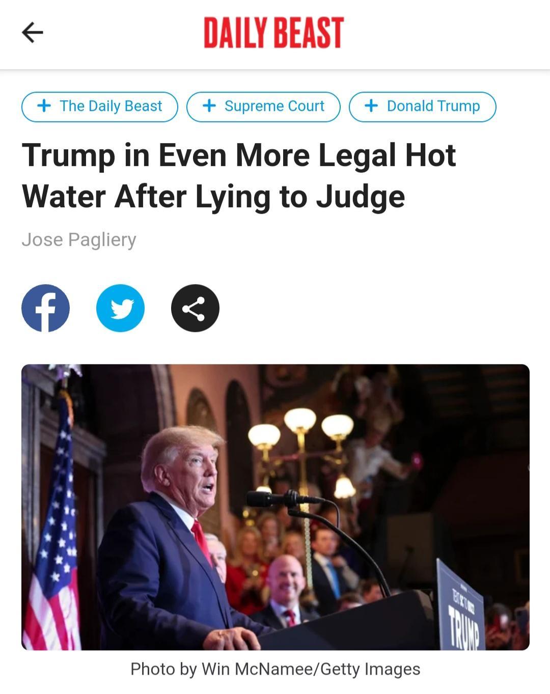 The Daily Beast Supreme Court Donald Trump Trump in Even More Legal Hot Water After Lying to Judge GO0 Photo by Win McNameeGetty Images