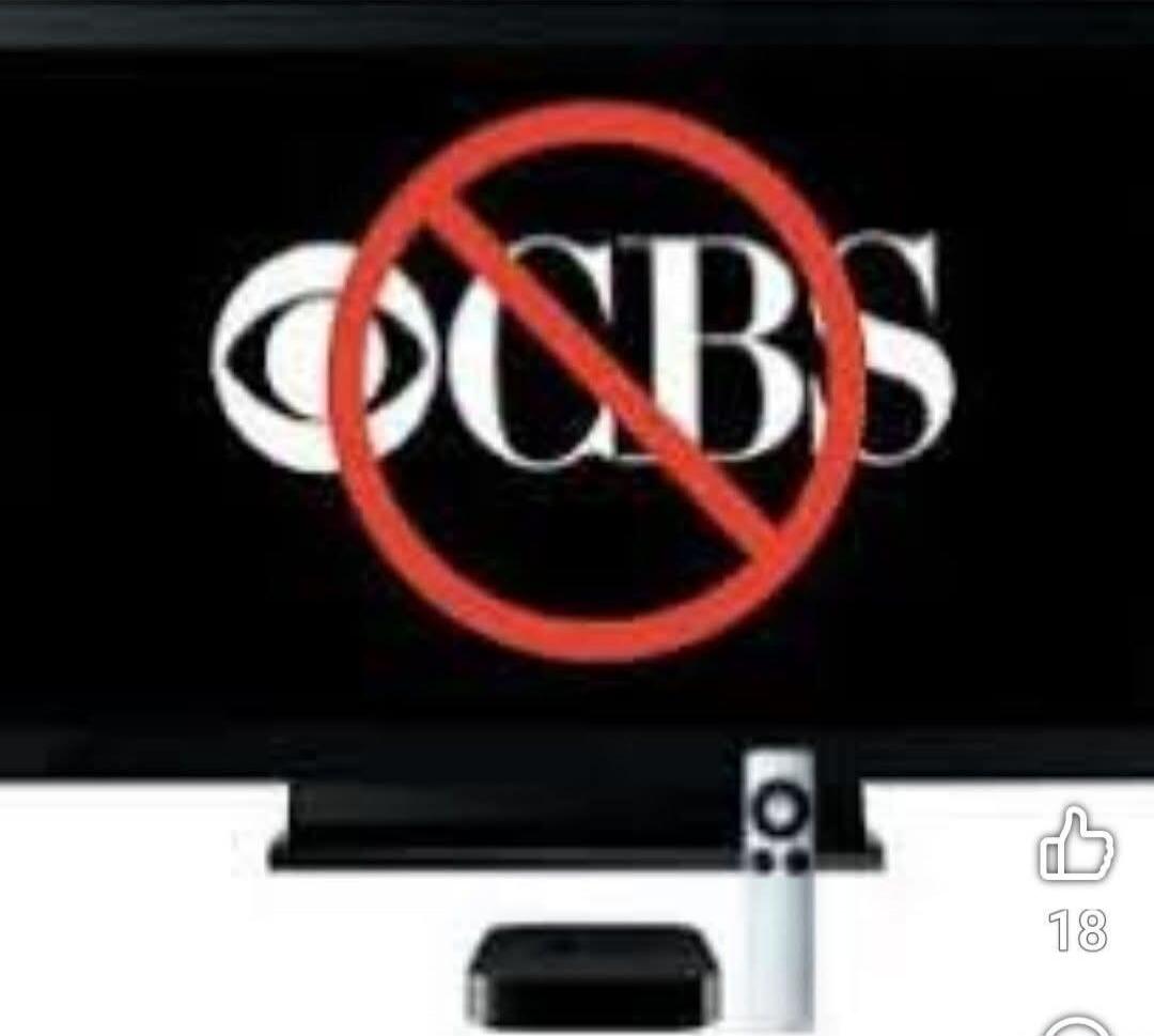 CBS logo with a red 'no' symbol over it. Below the screen, there is an Apple TV box and remote. A 'thumbs up' icon with the number 18 is visible on the right.