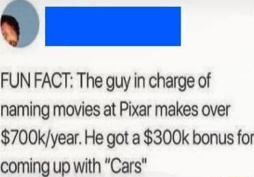 FUN FACT The guy in charge of naming movies at Pixar makes over 700kyear He got a 300k bonus for coming up with Cars