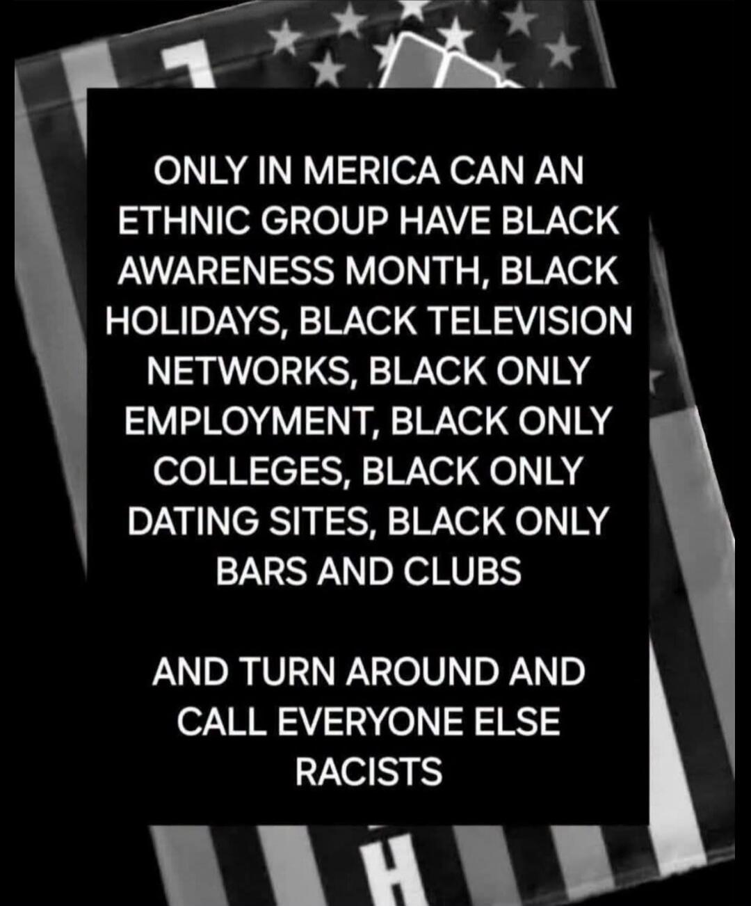 ONLY IN MERICA CAN AN ETHNIC GROUP HAVE BLACK AWARENESS MONTH, BLACK HOLIDAYS, BLACK TELEVISION NETWORKS, BLACK ONLY EMPLOYMENT, BLACK ONLY COLLEGES, BLACK ONLY DATING SITES, BLACK ONLY BARS AND CLUBS AND TURN AROUND AND CALL EVERYONE ELSE RACISTS