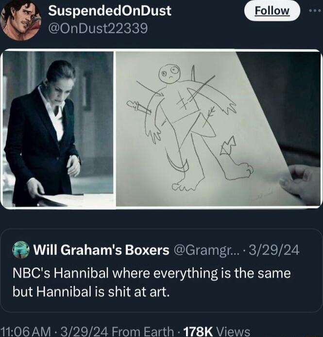 A SuspendedOnDust 0nDust22339 Will Grahams Boxers Gramgr 32924 NBCs Hannibal where everything is the same but Hannibal is shit at art 1106 AM 32924 From Earth 178K Views