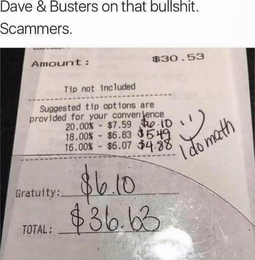 Dave & Busters on that bullshit. Scammers.

Amount: $30.53
Tip not included
Suggested tip options are provided for your convenience
20.00% - $7.59
18.00% - $6.83
16.00% - $6.07
$10.00
I do math
Gratuity: $6.10
TOTAL: $36.63

Session ID: 987838.