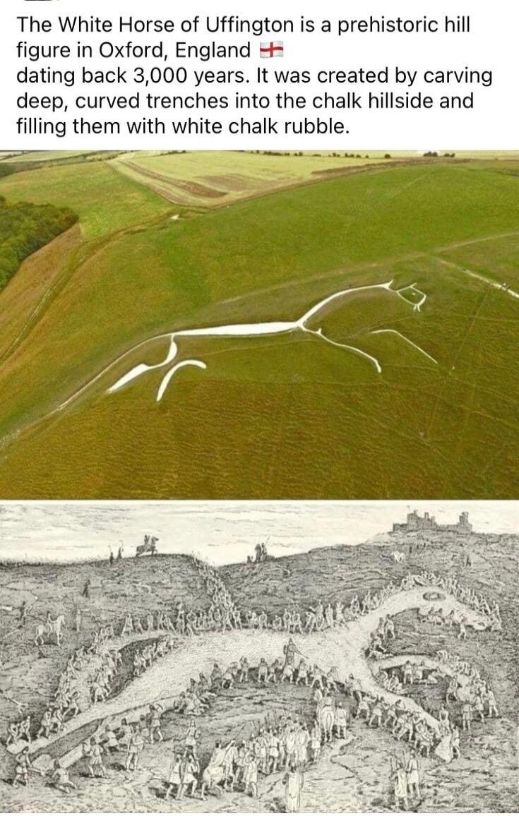 The White Horse of Uffington is a prehistoric hill figure in Oxford England dating back 3000 years It was created by carving deep curved trenches into the chalk hillside and filling them with white chalk rubble