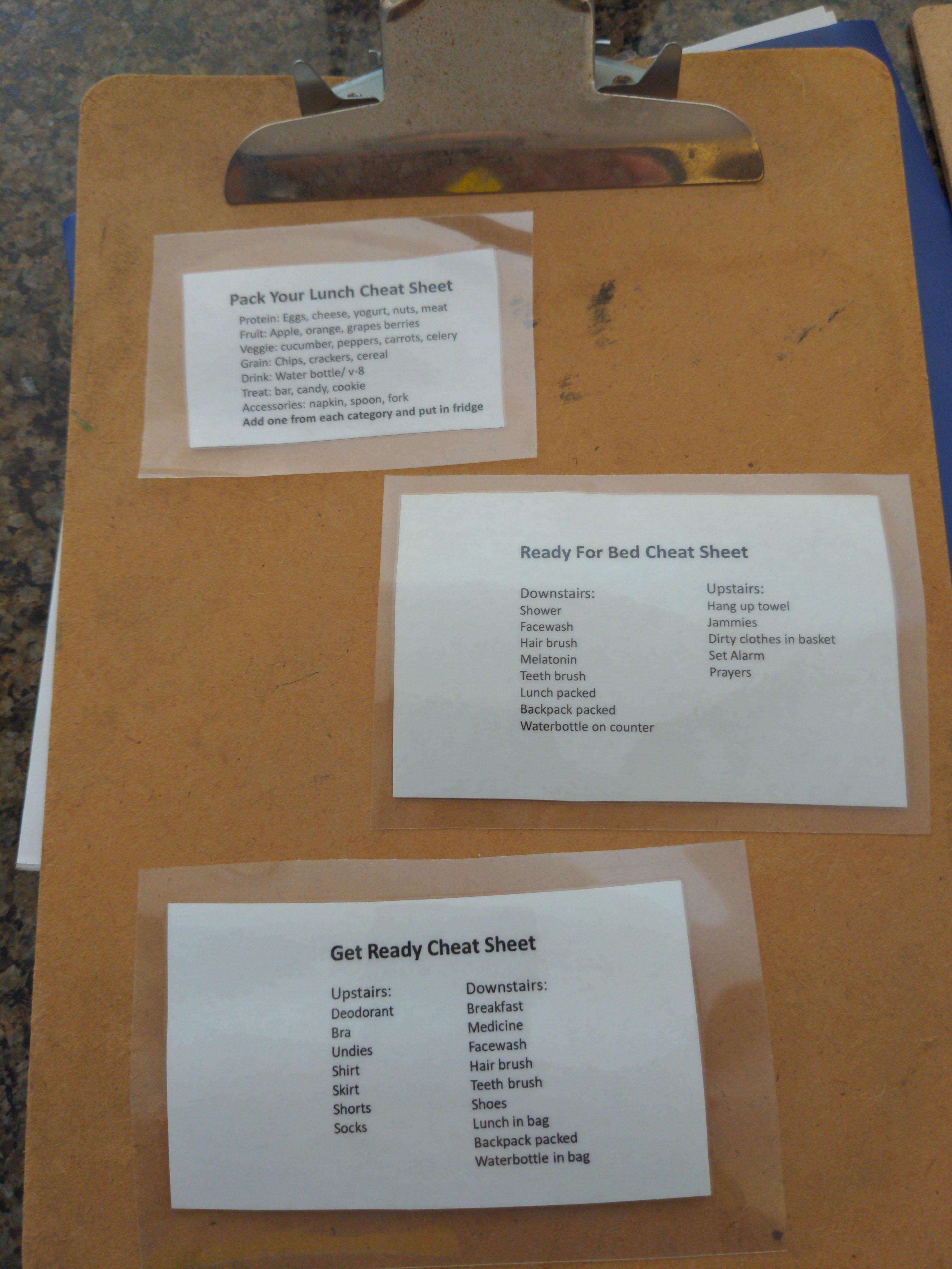 heese yogurt nuts Fruit Apple orange grapes berries i mber peppers carrots celery Vegge cucu kers cereal Grain Chips crac Drink Water bottle v 8 Treat bar candy cookie 4 Accessories napkin spoon fork 5 Add one from each category and put in fridge X Ready For Bed Cheat Sheet Downstairs Upstairs Shower Hang up towel b 32 Facewash Jammies Hair brush Dirty clothes in basket Melatonin Set Alarm Teeth b