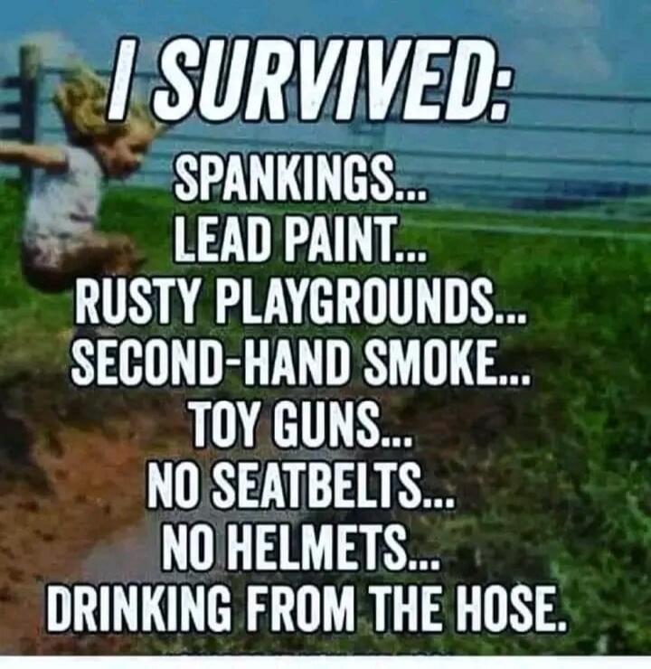 I SURVIVED: SPANKINGS... LEAD PAINT... RUSTY PLAYGROUNDS... SECOND-HAND SMOKE... TOY GUNS... NO SEATBELTS... NO HELMETS... DRINKING FROM THE HOSE.