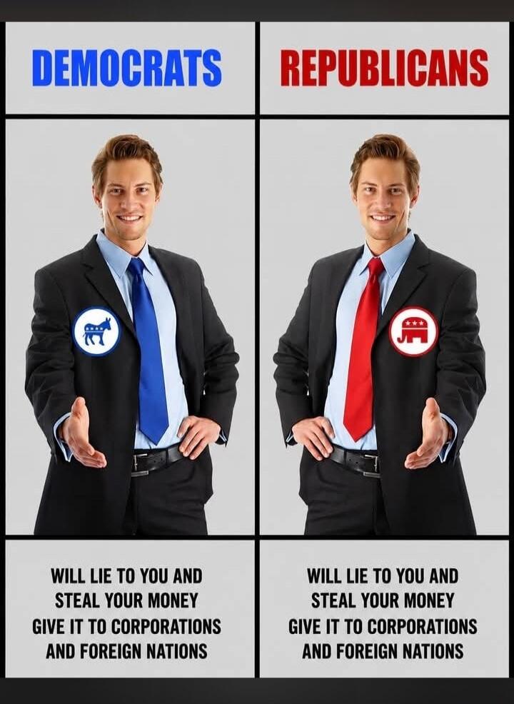 DEMOCRATS WILL LIE TO YOU AND STEAL YOUR MONEY GIVE IT TO CORPORATIONS AND FOREIGN NATIONS. REPUBLICANS WILL LIE TO YOU AND STEAL YOUR MONEY GIVE IT TO CORPORATIONS AND FOREIGN NATIONS.