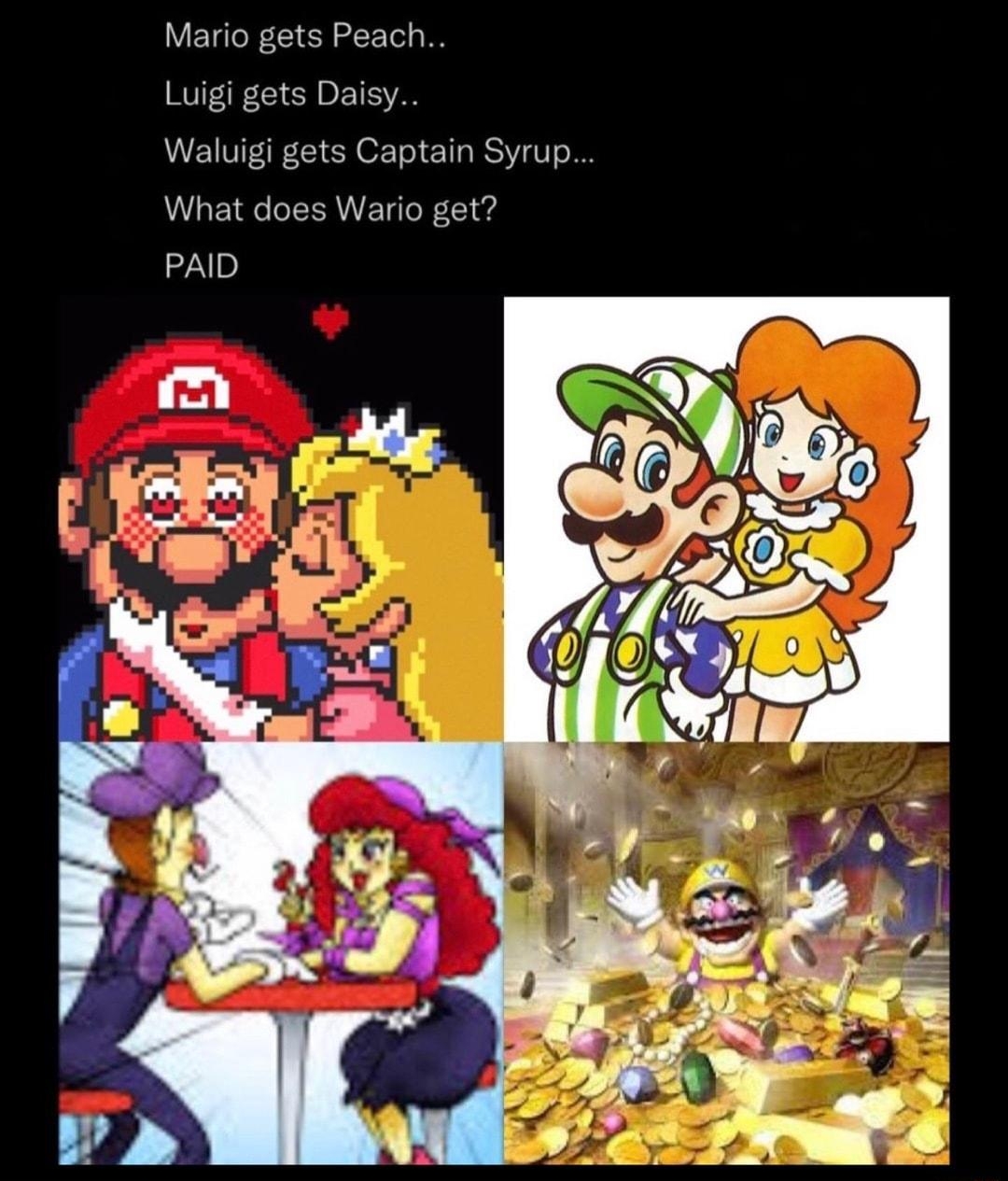 i Possessed Amy IRL Mario gets Peach Luigi gets Daisy Waluigi gets Captain Syrup What does Wario get PAID