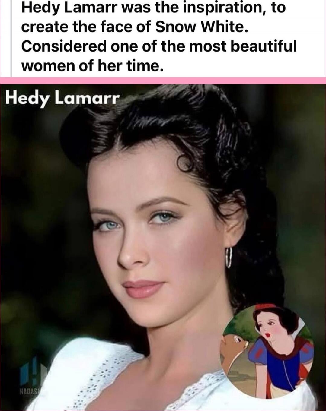 Hedy Lamarr was the inspiration, to create the face of Snow White. Considered one of the most beautiful women of her time. Hedy Lamarr