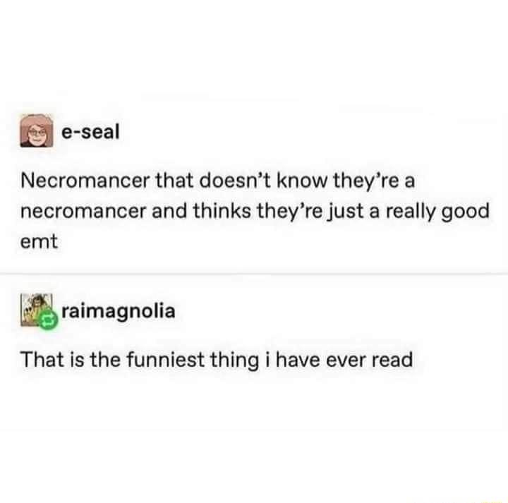 e seal Necromancer that doesnt know theyre a necromancer and thinks theyre just a really good emt lralmagnnlla That is the funniest thing i have ever read