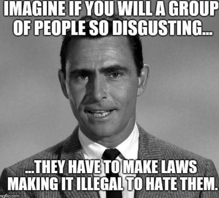 IMAGINEIEYOUWILLAGROUP AT LR N RTHTRY 5 THEY Hll MAKE LAWS MAKING IT ILLEGAINTO HATE THEM