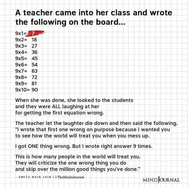 A teacher came into her class and wrote the following on the board When she was done she looked to the students and they were ALL laughing at her for getting the first equation wrong The teacher let the laughter die down and then said the following l wrote that first one wrong on purpose because wanted you to see how the world will treat you when you mess up got ONE thing wrong But wrote right ans