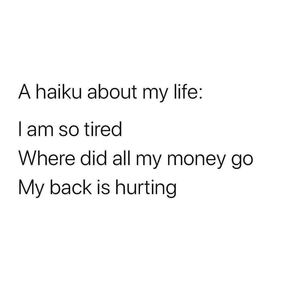 A haiku about my life am so tired Where did all my money go My back is hurting