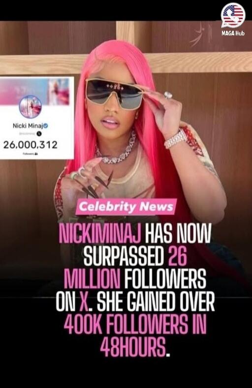 Nicki Minaj 26,000,312 Followers. Celebrity News. NICKIMINAJ HAS NOW SURPASSED 26 MILLION FOLLOWERS ON X. SHE GAINED OVER 400K FOLLOWERS IN 48HOURS.