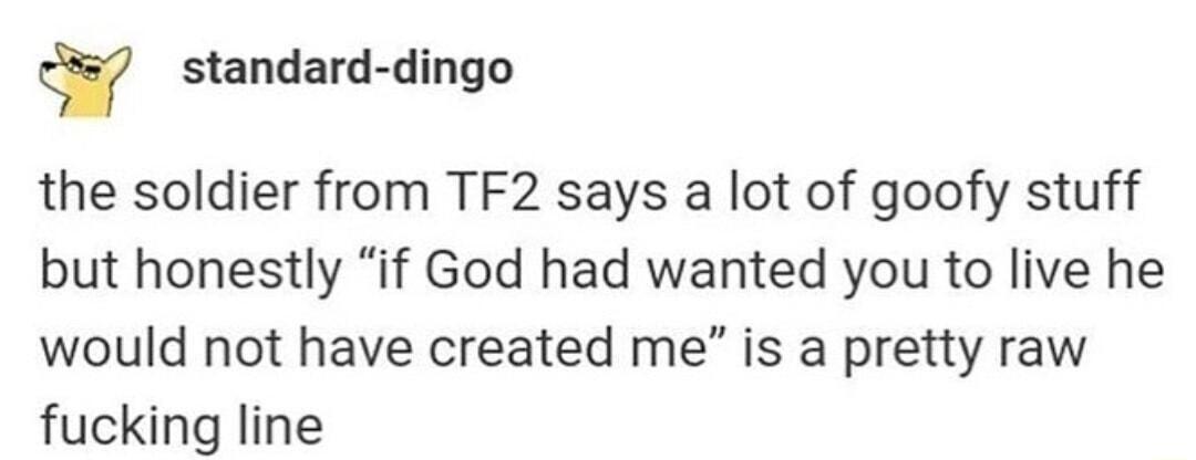 standard dingo the soldier from TF2 says a lot of goofy stuff but honestly if God had wanted you to live he would not have created me is a pretty raw fucking line