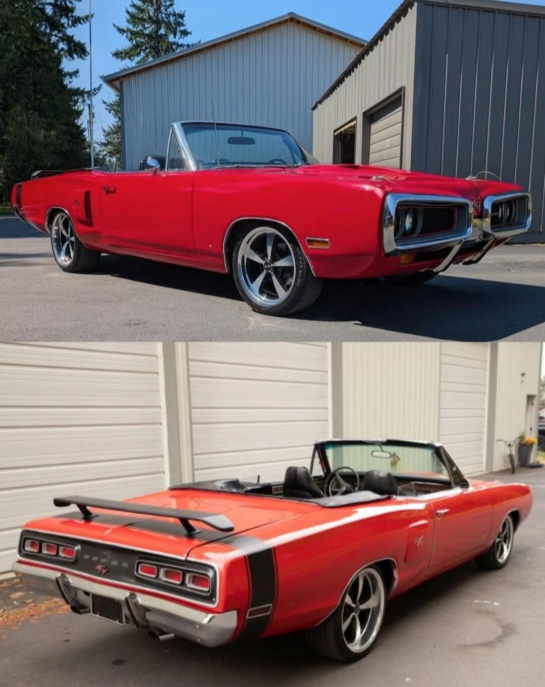 Two red classic convertibles photographed outdoors from different angles.