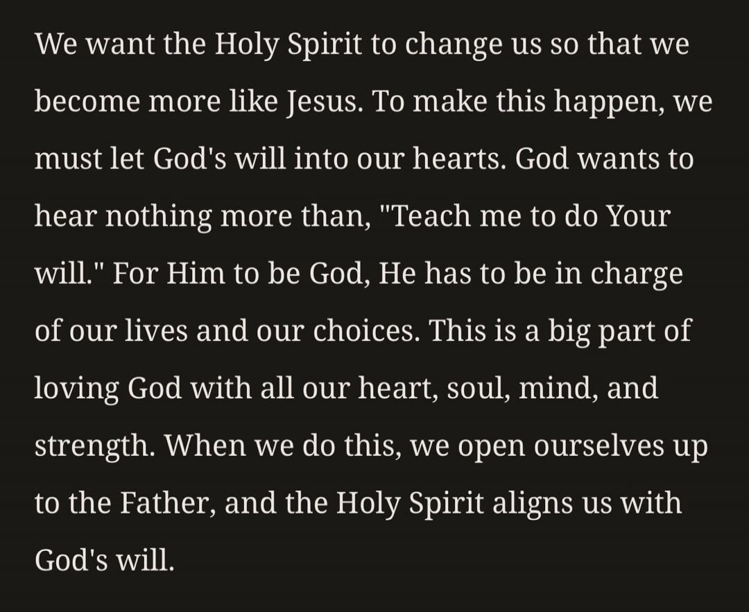We want the Holy Spirit to change us so that we become more like Jesus. To make this happen, we must let God's will into our hearts. God wants to hear nothing more than, 