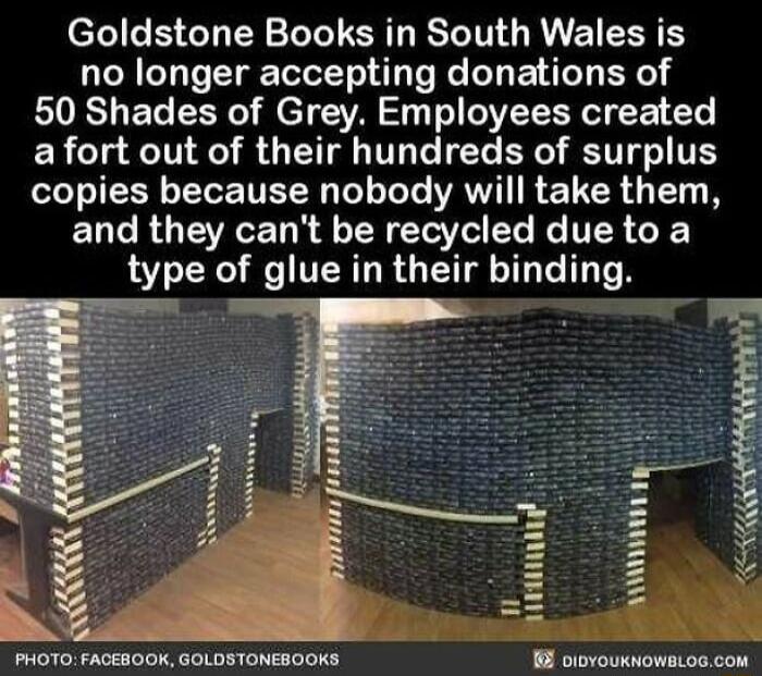 Goldstone Books in South Wales is no longer accepting donations of EIUSTEGER e el VA S TR VEERR T afort out of their hundreds of surplus copies because nobody will take them ELL RGEVREN R AN YV T NG TR type of glue in their binding PHOTO FACEBOOK GOLDSTONEBOOKS