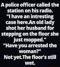 A police officer called the station on his radio L ECELRL N R ETEW D L ET T shot her husband for stepping on the floor she just mopped Have you arrested the woman Not yetThe floors still wet