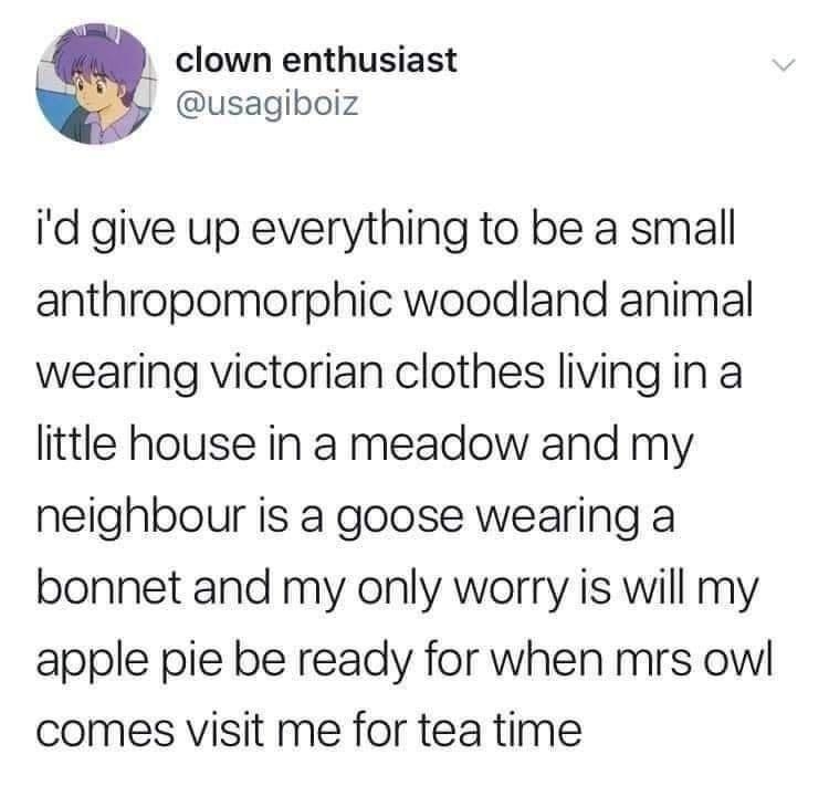 clown enthusiast usagiboiz id give up everything to be a small anthropomorphic woodland animal wearing victorian clothes living in a little house in a meadow and my neighbour is a goose wearing a bonnet and my only worry is will my apple pie be ready for when mrs owl comes visit me for tea time