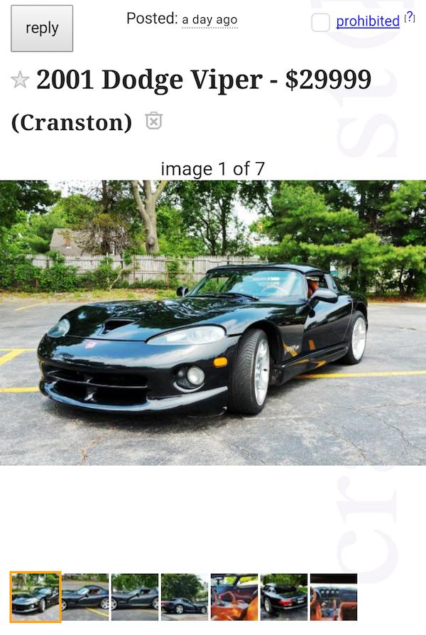 Posted a day ago prohibited reply 2001 Dodge Viper 29999 Cranston m b o 0 7 e