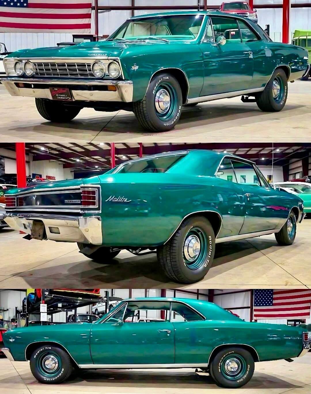 Three photos of a teal vintage car displayed indoors, labeled Malibu on the rear. The car is shown from the front, rear, and side profiles.