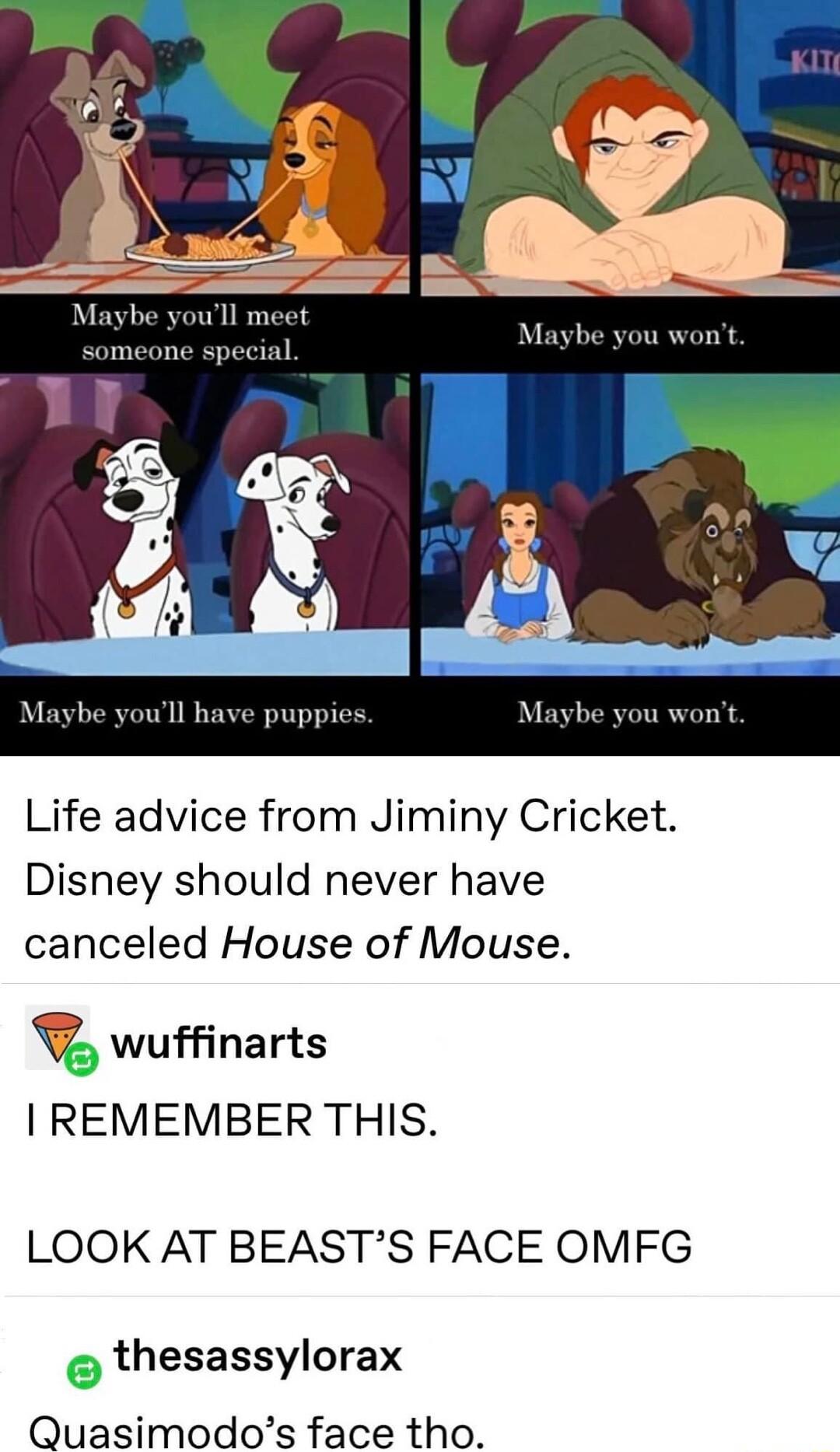 Maybe you wont oull have puppies Life advice from Jiminy Cricket Disney should never have canceled House of Mouse V wuffinarts REMEMBER THIS LOOK AT BEASTS FACE OMFG thesassylorax Quasimodos face tho