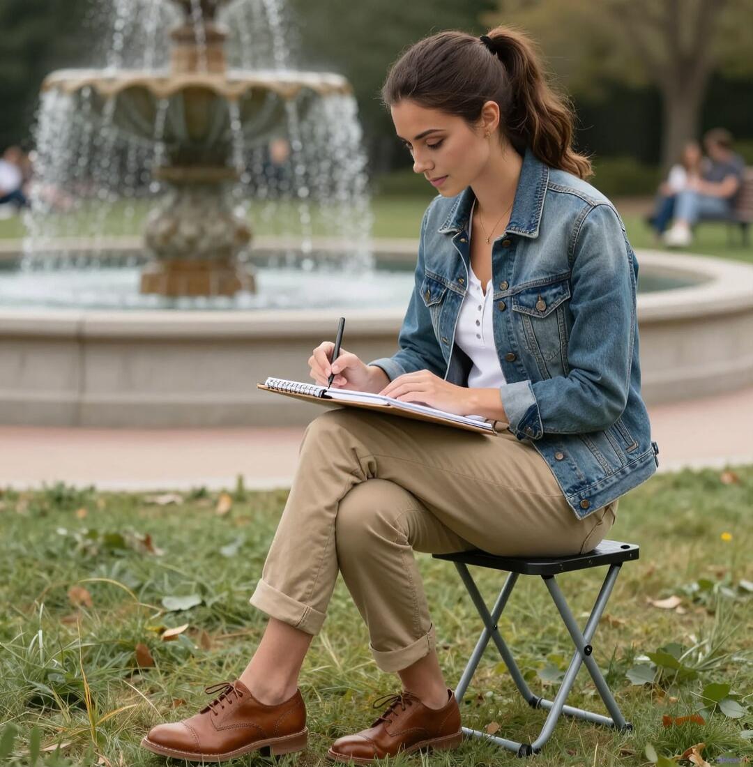 A woman sits on a small portable stool in a park, writing in a notebook with a pen. She wears a denim jacket, white shirt, khaki pants, and brown shoes, with a fountain and greenery in the background.