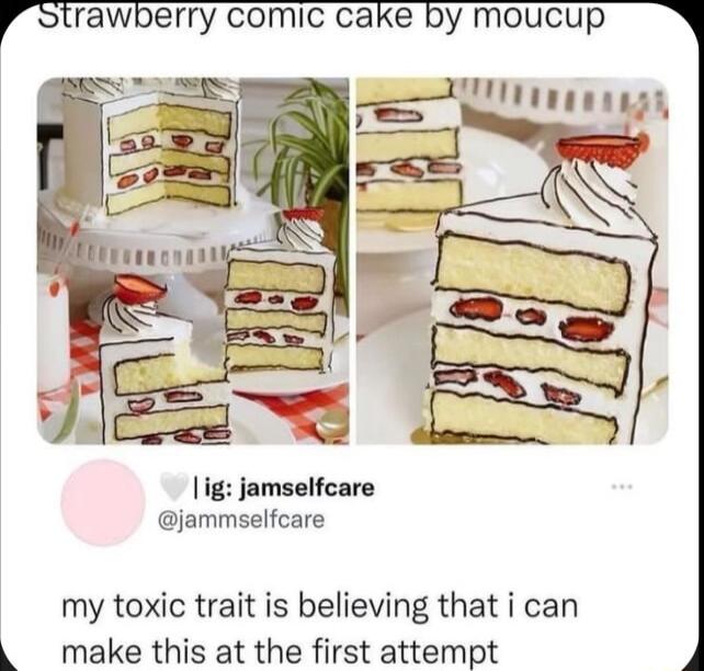 rbtrawberry comic cake by moucup ig jamselfcare jammselfcare my toxic trait is believing that i can L make this at the first attempt