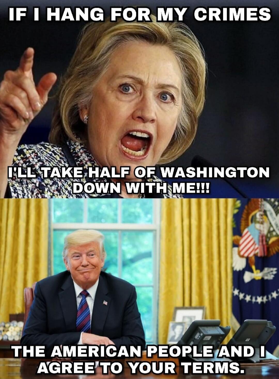 IF I HANG FOR MY CRIMES
I'LL TAKE HALF OF WASHINGTON DOWN WITH ME!!!
THE AMERICAN PEOPLE AND I AGREE TO YOUR TERMS.