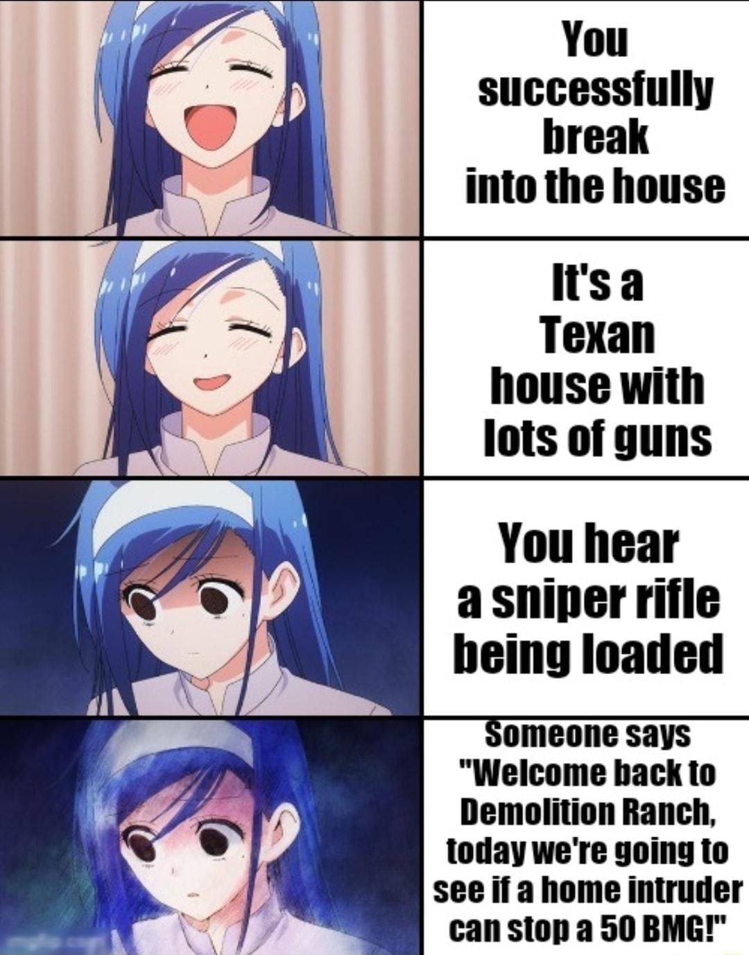 You successfully break into the house itsa Texan house with lots of guns A You hear 2P a sniper rifle L being loaded N omeone says Welcome back to Demolition Ranch today were going to see if a home intruder can stop a 50 BMG