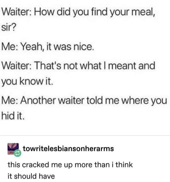 Waiter How did you find your meal sir Me Yeah it was nice Waiter Thats not what meant and you know it Me Another waiter told me where you hid it towritelesbiansonherarms this cracked me up more than i think it should have Source memescomedycom 116060 notes 0 0 2 Q
