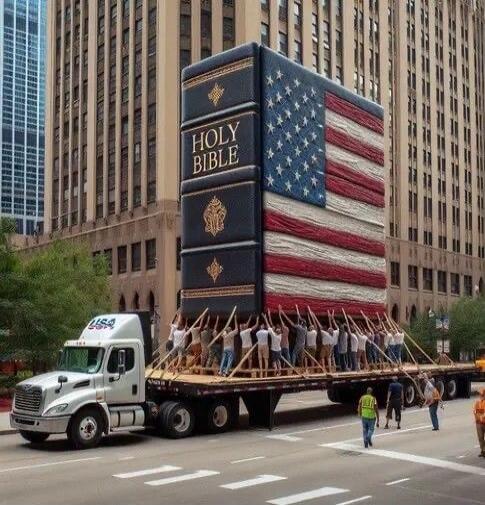 Holy Bible (giant book with American flag design on a flatbed truck, being held up by a line of people)
