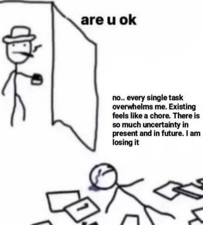 are u ok no every single task overwhelms me Existing feels like a chore There is so much uncertainty in present and in future am losing it S An b