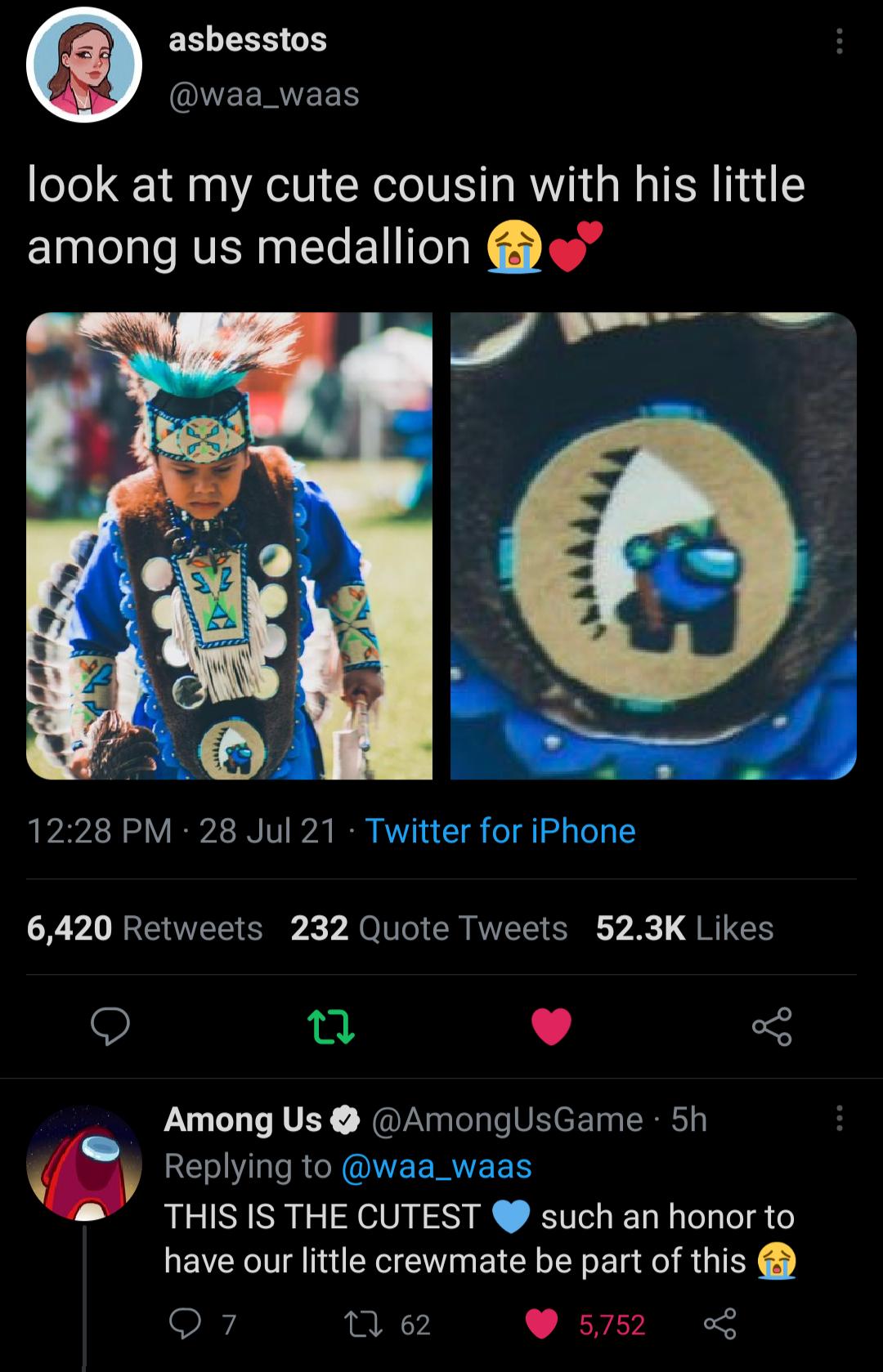 asbesstos OWEERTEER look at my cute cousin with his little among us medallion 1228 PM 28 Jul 21 Twitter for iPhone X YA R VTS Ry A O To N AWVICTE S v 2 QTGS O 0 L 4 5 Among Us AmongUsGame 5h Gy REV I RCIMVEERIYEE THIS IS THE CUTEST such an honor to have our little crewmate be part of this Q 7 Y 5752 L