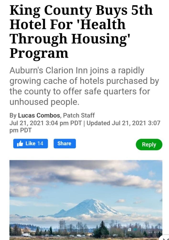 King County Buys 5th Hotel For Health Through Housing Program Auburns Clarion Inn joins a rapidly growing cache of hotels purchased by the county to offer safe quarters for unhoused people By Lucas Combos Patch Staff Jul 212021 304 pm PDT Updated Jul 21 2021 307 pm PDT I