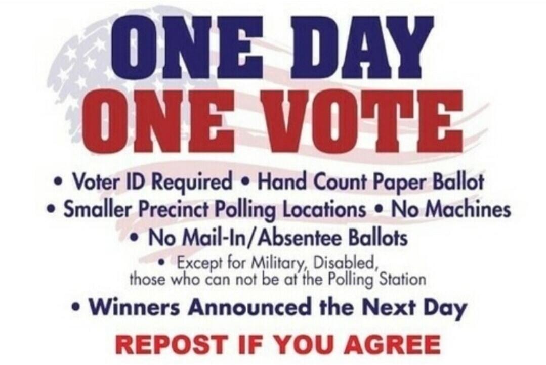 ONE DAY ONE VOTE
• Voter ID Required • Hand Count Paper Ballot
• Smaller Precinct Polling Locations • No Machines
• No Mail-In/Absentee Ballots
• Except for Military, Disabled,
those who can not be at the Polling Station
• Winners Announced the Next Day
REPOST IF YOU AGREE
