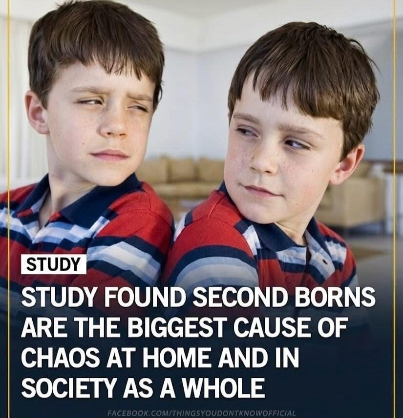 STUDY FOUND SECOND BORNS ARE THE BIGGEST CAUSE OF CHAOS AT HOME AND IN SOCIETY AS A WHOLE